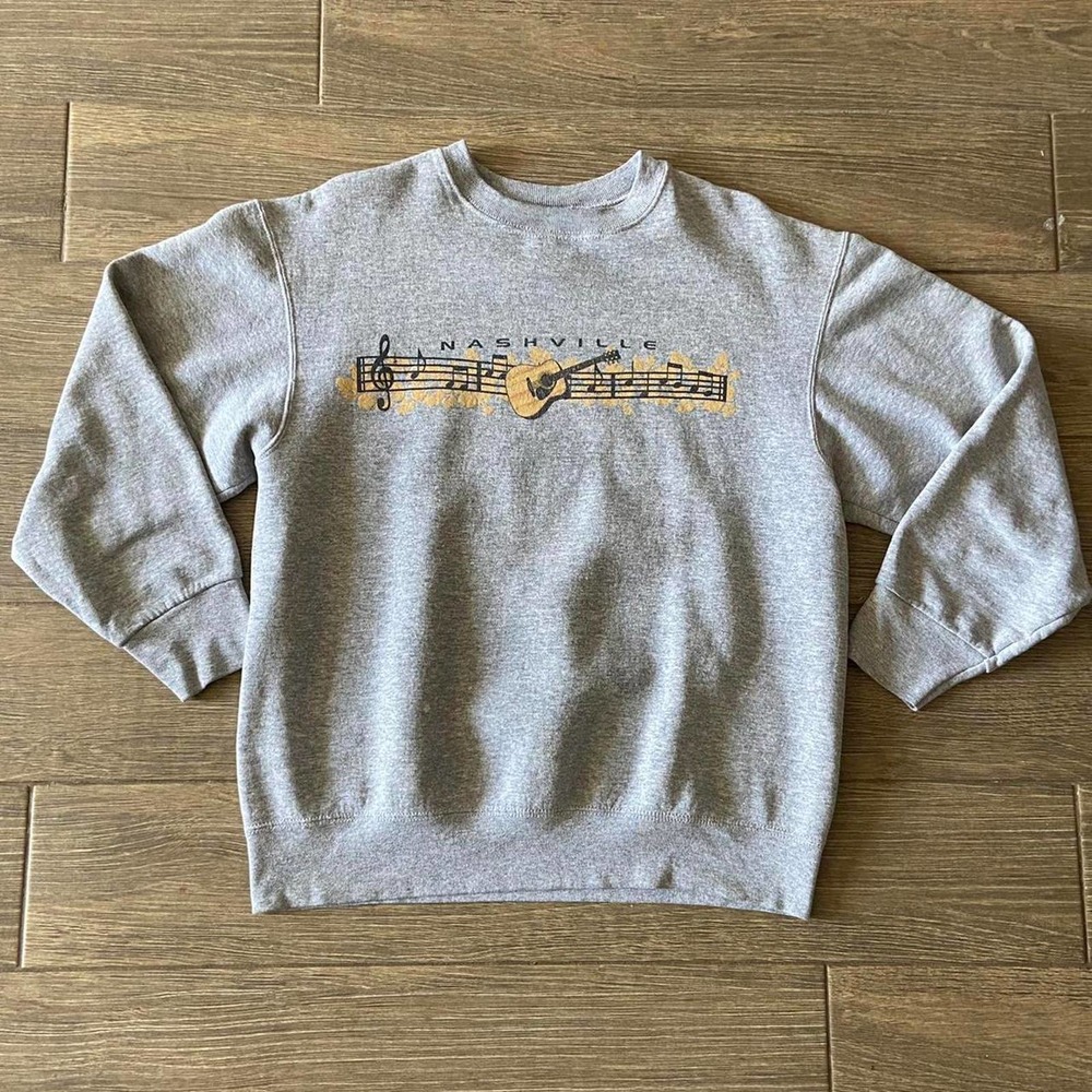 VINTAGE 90S 00S CREWNECK GRAY NASHVILLE GUITAR GRAPHIC SWEATSHIRT size L